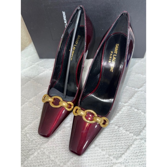 Luxury Saint Laurent Burgundy Patent Pumps - Gold Chain Accent Size 6.5 - Picture 2 of 12